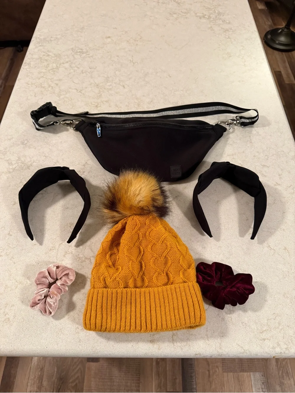 Mustard Cable Knit Pom Beanie with Fur Pom/Hair Accessories/Danny Pack Lot